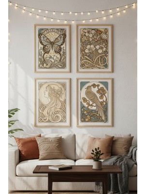Tontilika Art Nouveau Doğa 4’lü Ahşap Çerçeveli Tablo Seti - Klasik Salon Dekoru
