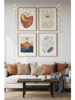 Tontilika Soyut Güneş ve Doğa 4’lü Ahşap Çerçeveli Tablo Seti - Minimal ve Modern Dekor