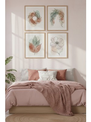 Tontilika Pastel Çiçek ve Yapraklar 4’lü Dekoratif Ahşap Çerçeveli Tablo Seti – Bitki ve Çiçek Tema