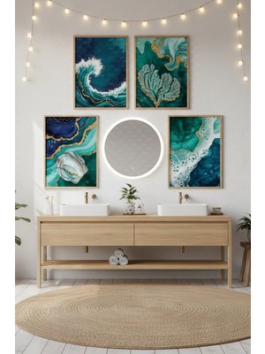 Tontilika Okyanus Dalgası 4’lü Ahşap Çerçeveli Tablo Seti - Modern Banyo Dekoru