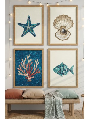 Tontilika Deniz Mozaiği 4’lü Ahşap Çerçeveli Tablo Seti - Modern Banyo Dekoru