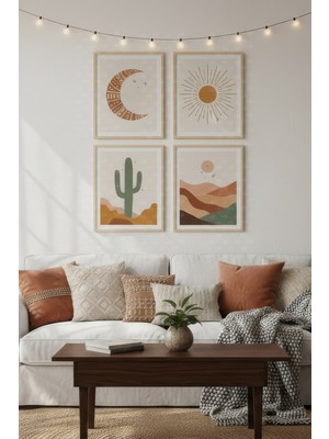 Tontilika Çöl Güneşi 4’lü Ahşap Çerçeveli Tablo Seti - Boho Modern Duvar Dekoru