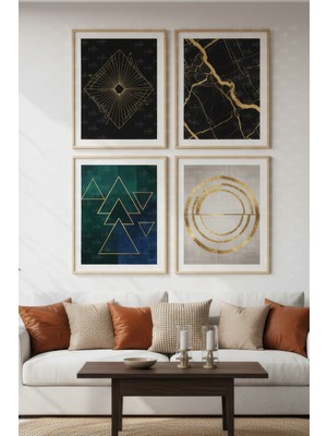 Tontilika Altın Geometri 4’lü Ahşap Çerçeveli Tablo Seti - Modern Oturma Odası Dekor