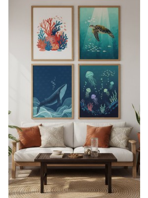 Tontilika Okyanus Dünyası 4’lü Ahşap Çerçeveli Tablo Seti - Oturma Odası Dekor