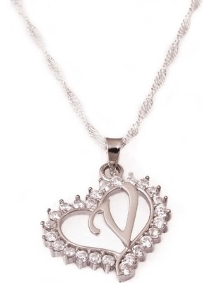 Elwes 925 Ayar Gümüş V Harfi Kalpli Kadın Gümüş Kolye