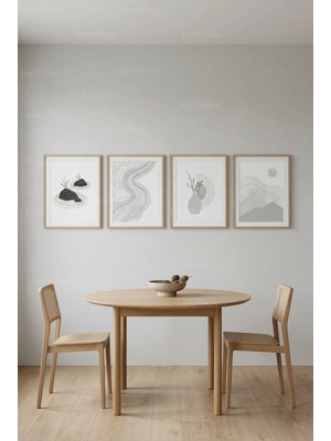Tontilika Modern Minimalist Soyut Manzara ve Organik Çizgiler 4’lü Ahşap Çerçeveli Tablo Seti