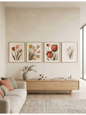 Tontilika Modern Botanik Laleler 4’lü Ahşap Çerçeveli Tablo Seti