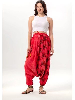 Eliş Şile Bezi Beli Lastikli Otantik Yazlık Kadın Püsküllü Poplin Şalvar Nar Çiçeği Nrçği