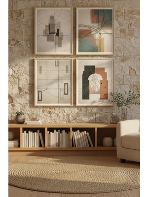 Tontilika Geometrik Soyut Çizgiler 4’lü Dekoratif Ahşap Çerçeveli Tablo Seti – Modern Tema Dekor