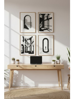 Tontilika Siyah Beyaz Mimari Dekoratif 4’lü Ahşap Çerçeveli Tablo Seti - Çalışma Odası Dekoru