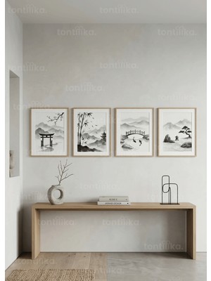 Tontilika Sumi-E Japon Doğa Peyzajları 4’lü Ahşap Çerçeveli Tablo Seti