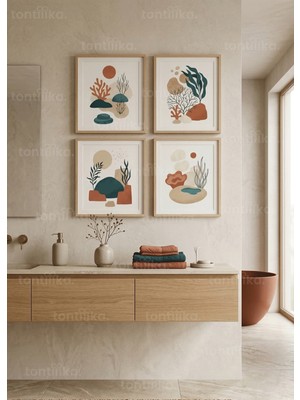 Tontilika Organik Soyut Doğal Formlar 4’lü Ahşap Çerçeveli Tablo Seti