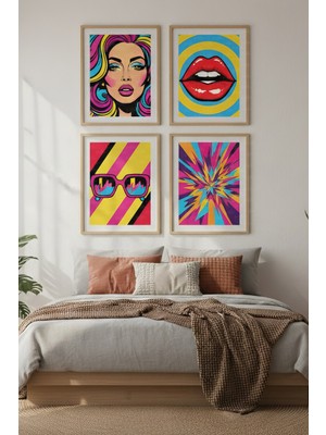 Tontilika Pop Art Renkli Figürler Dekoratif 4’lü Ahşap Çerçeveli Tablo Seti - Yatak Odası Dekor