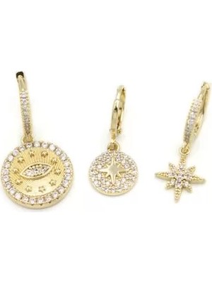 Die Grup 3'lü Taşlı Halka Küpe - Altın