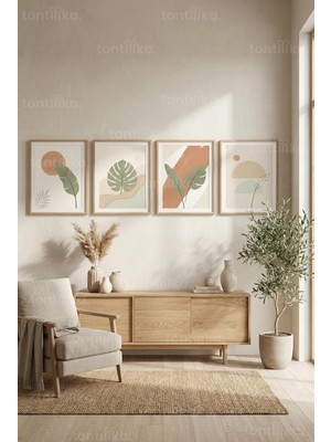 Tontilika Bohem Tropik Soyut Yapraklar 4’lü Ahşap Çerçeveli Tablo Seti