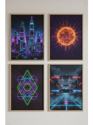 Tontilika Neon Şehir 4’lü Ahşap Çerçeveli Tablo Seti - Genç Odası Dekor