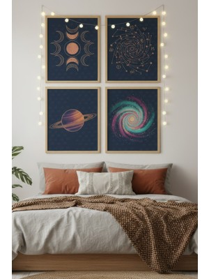 Tontilika Mistik Evren ve Gezegenler Dekoratif 4’lü Ahşap Çerçeveli Tablo Seti - Yatak Odası Dekor