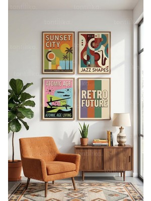 Tontilika Retro Seyahat, Müzik ve Fütürizm Temalı 4’lü Ahşap Çerçeveli Tablo Seti