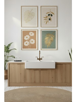 Tontilika Bitki Motifleri Dekoratif 4’lü Ahşap Çerçeveli Tablo Seti - Mutfak Dekor