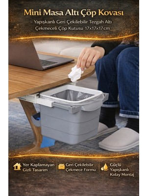 PremiumPort Mini Masa Altı Çöp Kovası, Yapışkanlı, Çekmeceli, Pratik ve Temiz Kullanım