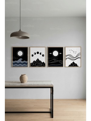 Tontilika Minimalist Doğa ve Gökyüzü Sanatı 4’lü Ahşap Çerçeveli Tablo Seti