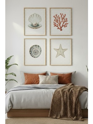 Tontilika Deniz Kabukları Dekoratif 4’lü Ahşap Çerçeveli Tablo Seti - Yatak Odası Dekor