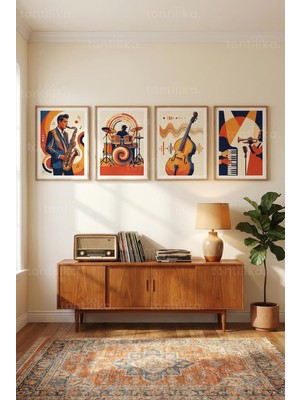 Tontilika Caz Müzisyenleri ve Enstrümanları 4’lü Ahşap Çerçeveli Tablo Seti