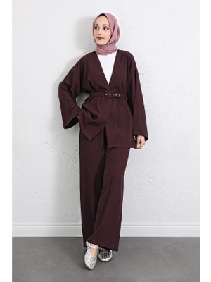 Trend Cojans Kemerli Pantolonlu Kimono Takım   -Mürdüm