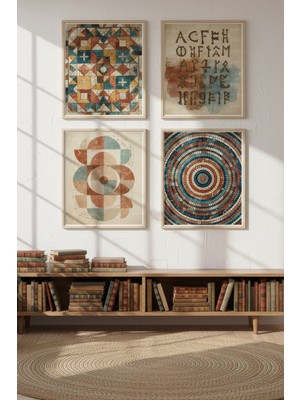 Tontilika Retro Geometrik Desenler Dekoratif 4’lü Ahşap Çerçeveli Tablo Seti - Çalışma Odası Dekoru
