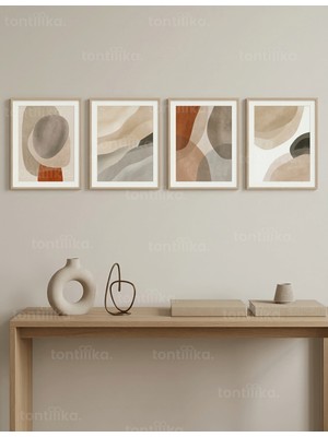 Tontilika Doğal Tonlarda Soyut Organik Formlar 4’lü Ahşap Çerçeveli Tablo Seti