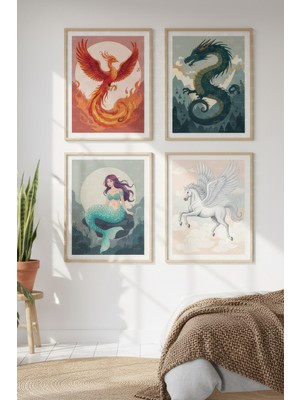 Tontilika Efsanevi Canlılar Dekoratif 4’lü Ahşap Çerçeveli Tablo Seti - Yatak Odası Dekor