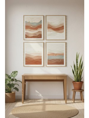 Tontilika Sıcak Toprak Tonları Manzara 4’lü Dekoratif Ahşap Çerçeveli Tablo Seti – Doğal Tema Dekor