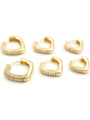 Die Grup 6'lı Taşlı Kare Halka Küpe - Altın