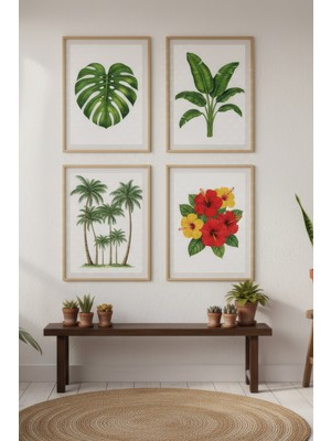 Tontilika Tropikal Bitkiler ve Çiçekler Dekoratif 4’lü Ahşap Çerçeveli Tablo Seti - Salon Dekor