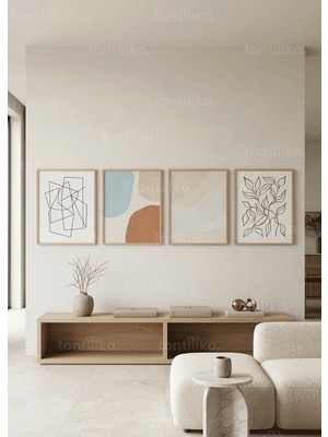 Tontilika Minimalist Soyut Bitkisel Çizgiler 4’lü Ahşap Çerçeveli Tablo Seti