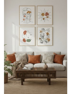 Tontilika Soyut Çizgiler Dekoratif 4’lü Ahşap Çerçeveli Tablo Seti - Salon Dekor