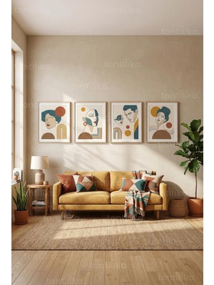 Tontilika Modern Soyut Yüzler ve Geometrik Formlar 4’lü Ahşap Çerçeveli Tablo Seti