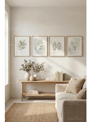 Tontilika Minimalist Botanik Yaprak Desenli 4’lü Ahşap Çerçeveli Tablo Seti