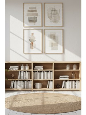 Tontilika Bej Geometrik Kompozisyon 4’lü Dekoratif Ahşap Çerçeveli Tablo Seti – Modern Tema Dekor