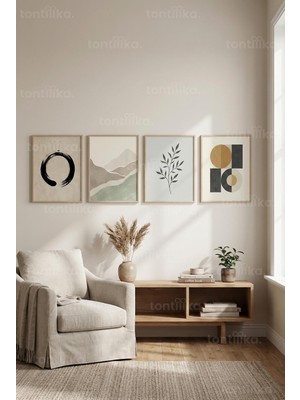 Tontilika Modern Nötr Soyut ve Minimalist Desenler 4’lü Ahşap Çerçeveli Tablo Seti