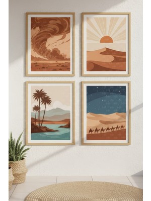 Tontilika Çöl Manzarası Dekoratif 4’lü Ahşap Çerçeveli Tablo Seti - Salon Dekor