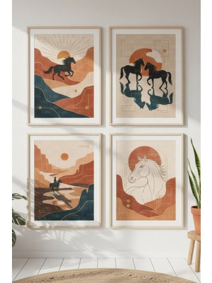 Tontilika Vahşi Atlar Dekoratif 4’lü Ahşap Çerçeveli Tablo Seti - Salon Dekor