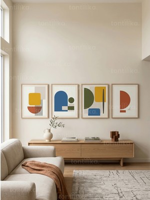 Tontilika Modern Geometrik Soyut Sanat 4’lü Ahşap Çerçeveli Tablo Seti