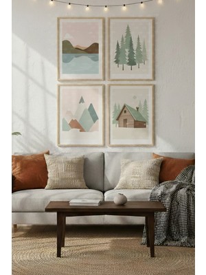Tontilika Dağ Evi Manzarası 4’lü Ahşap Çerçeveli Tablo Seti - Iskandinav Salon Dekoru