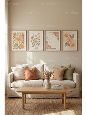Tontilika Pastel Botanik Çiçek Desenli 4’lü Ahşap Çerçeveli Tablo Seti