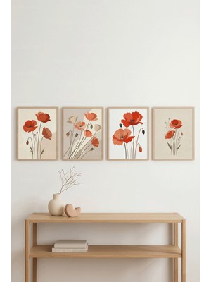 Tontilika Modern Gelincik Çiçekleri 4’lü Ahşap Çerçeveli Tablo Seti