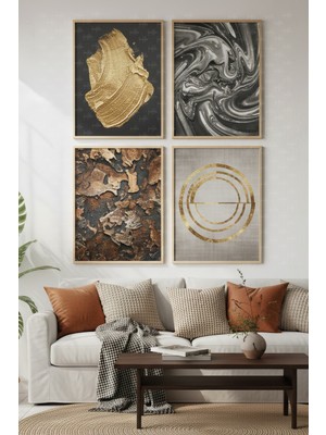 Tontilika Altın Dokular 4’lü Ahşap Çerçeveli Tablo Seti - Oturma Odası Dekor