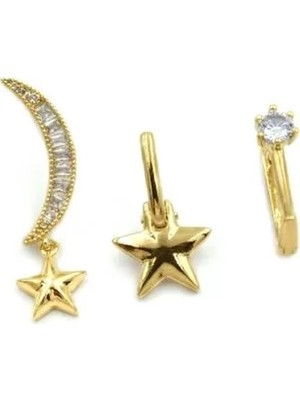 Die Grup 3'lü Taşlı Halka Küpe - Altın