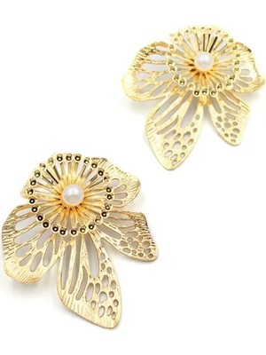 Die Grup Metal Çiçek Küpe - Altın