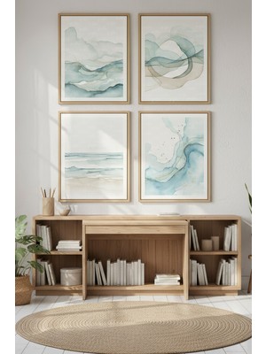 Tontilika Pastel Su Manzarası 4’lü Dekoratif Ahşap Çerçeveli Tablo Seti – Doğal Tema Dekor
